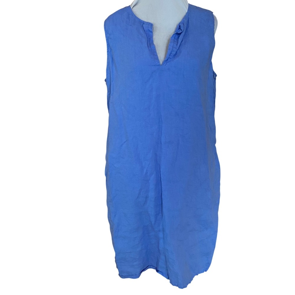 Tommy Bahama Blue 100% Linen Sleeveless Split Neck Shift Dress Pockets L